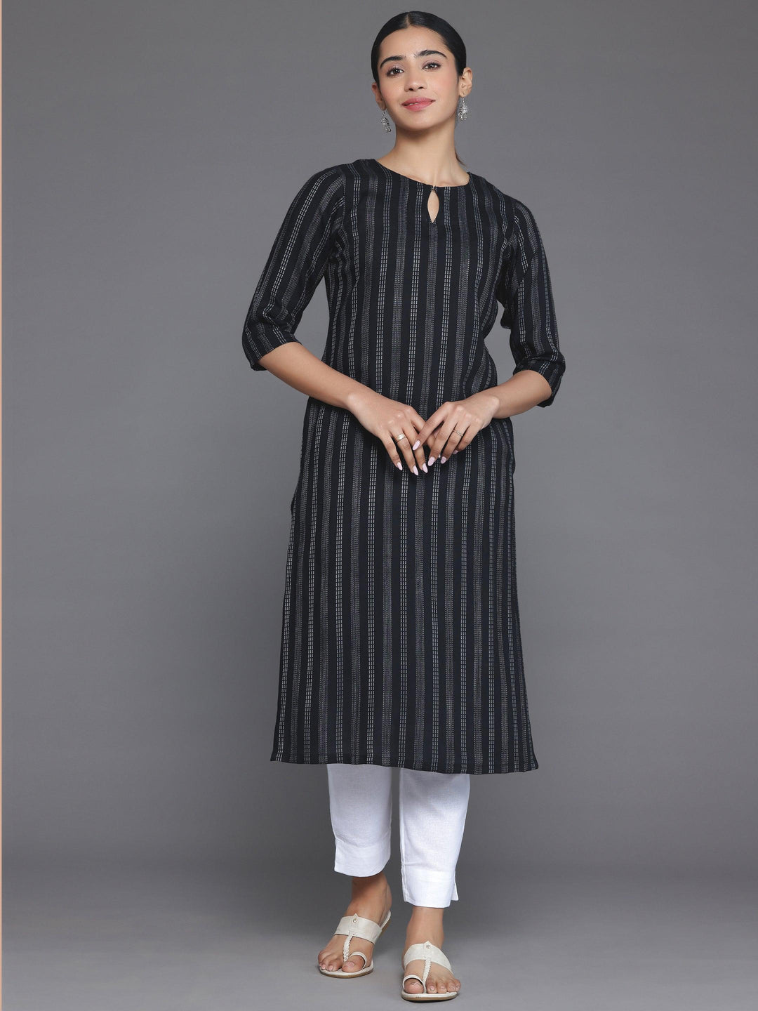 Black Striped Rayon Straight Kurta - Libas