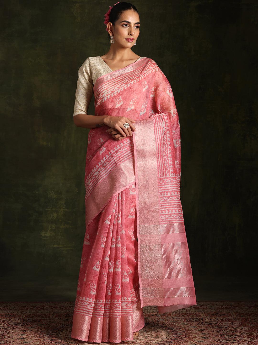 Pink Printed Silk Blend Saree With Unstitched Blouse Piece - Libas