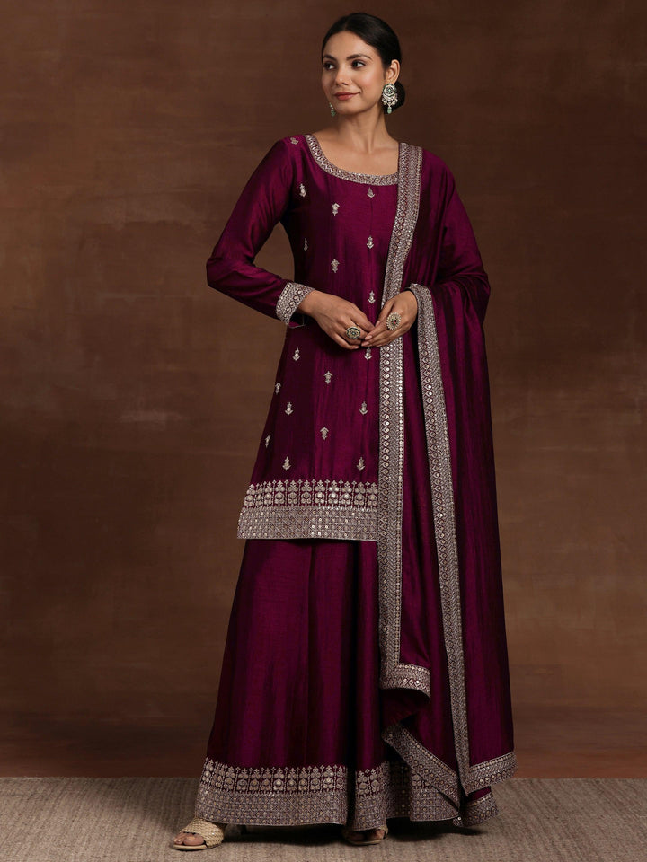 Maroon Embroidered Silk Blend Straight Suit With Dupatta - Libas