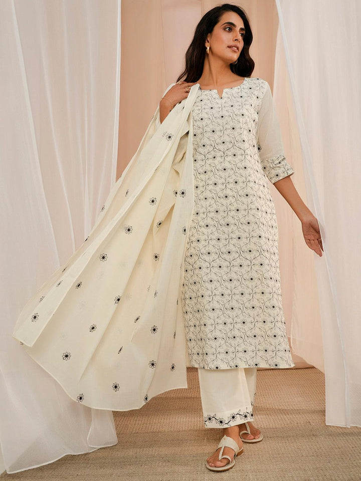 Off White Embroidered Cotton Straight Suit With Dupatta - Libas