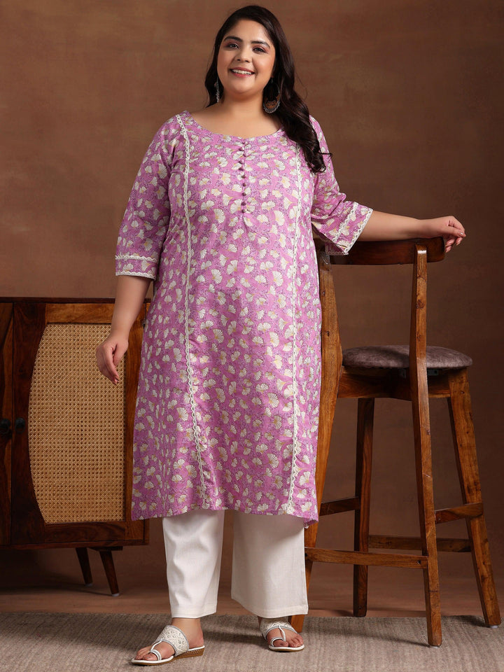 Plus Size Purple Printed Cotton A-Line Kurta - Libas