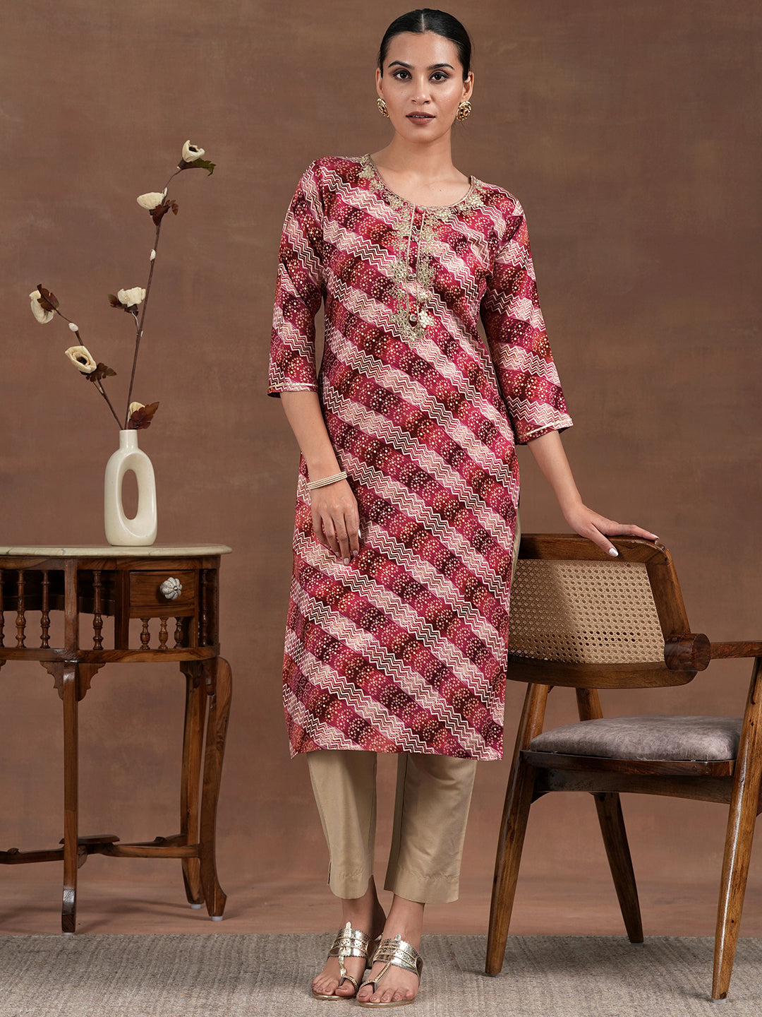 Maroon Printed Rayon Straight Kurta