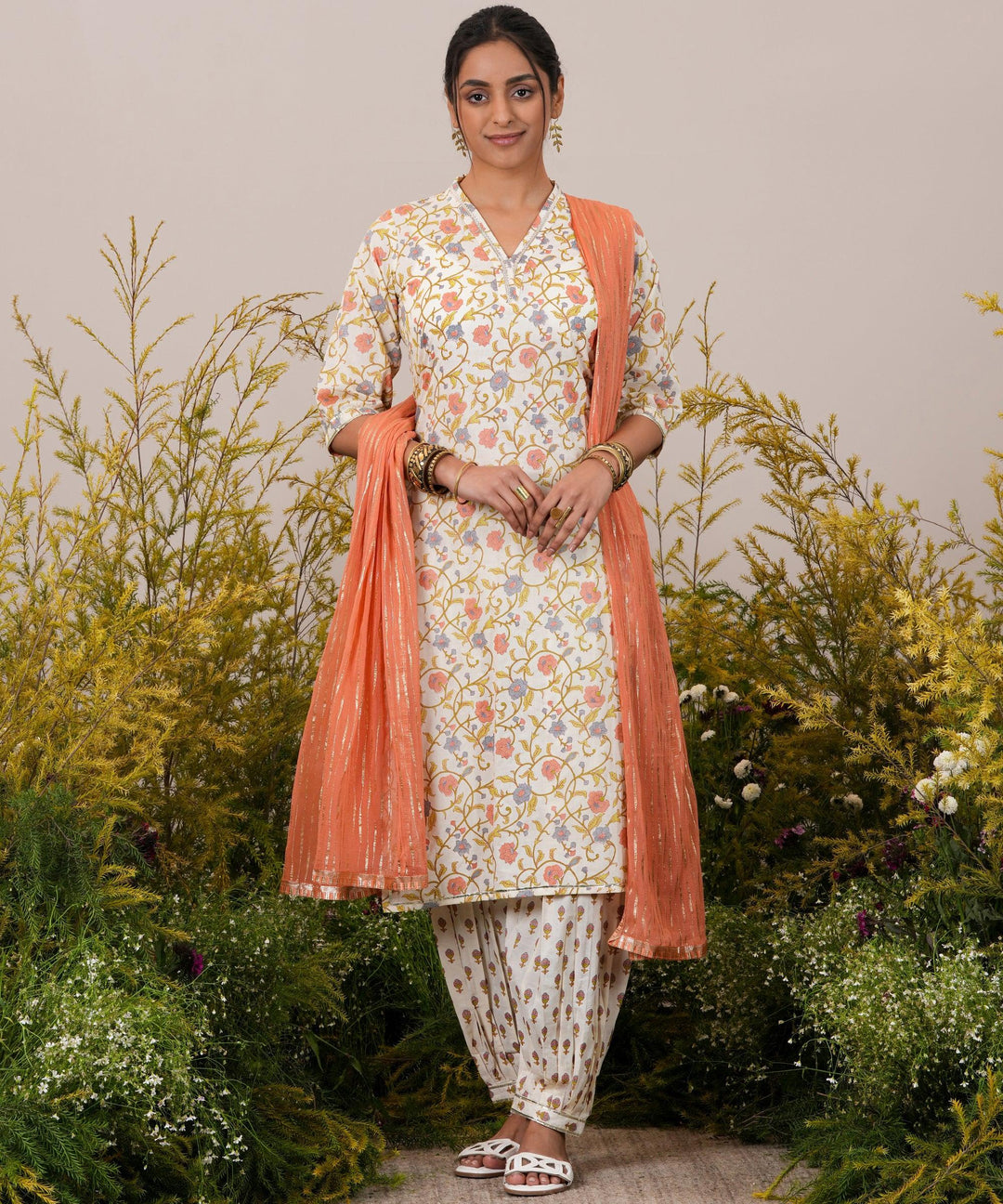 Off White Printed Cotton Straight Suit With Dupatta - Libas 