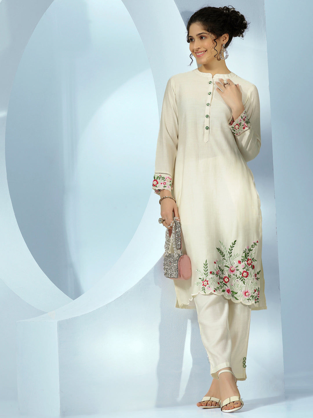 Off White Embroidered Silk Blend Straight Kurta Set