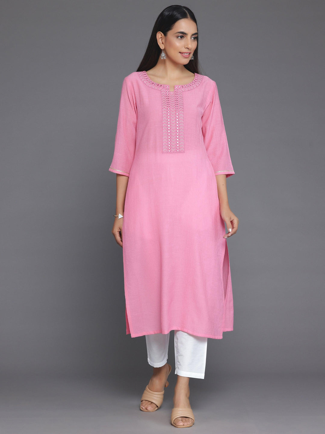 Pink Yoke Design Cotton Straight Kurta - Libas