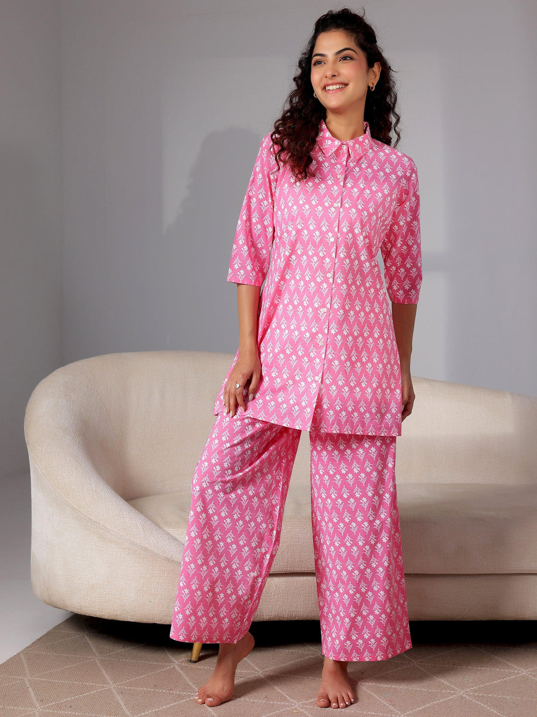 Pink Printed Cotton Night Suits - Libas 