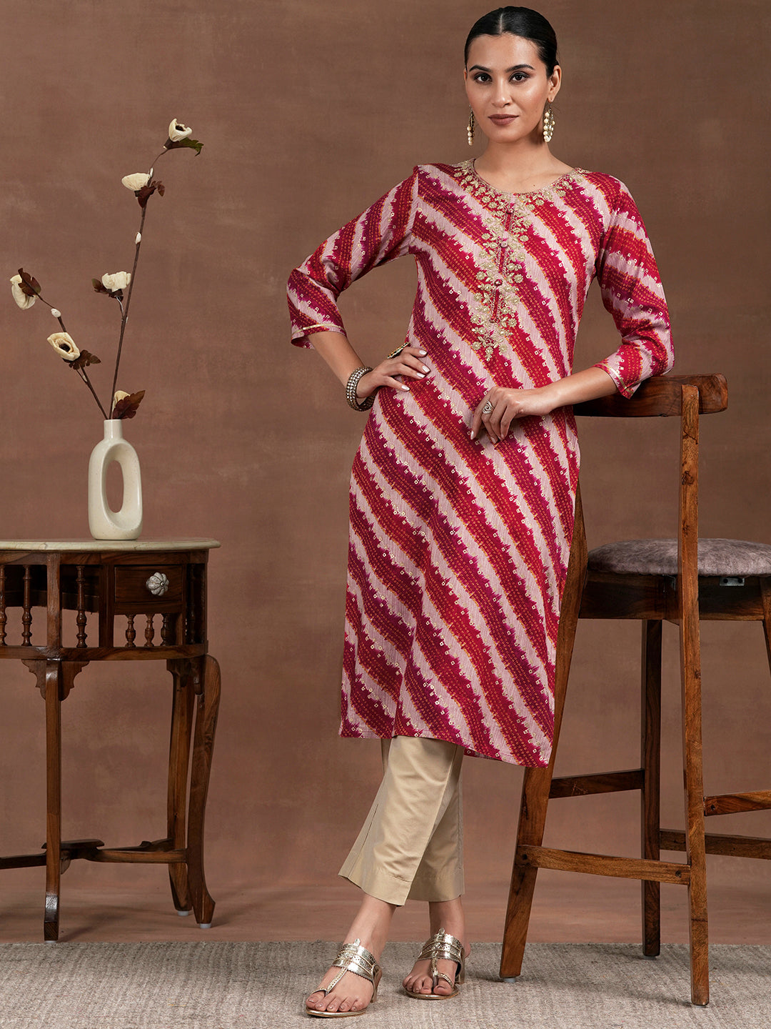 Pink Printed Rayon Straight Kurta