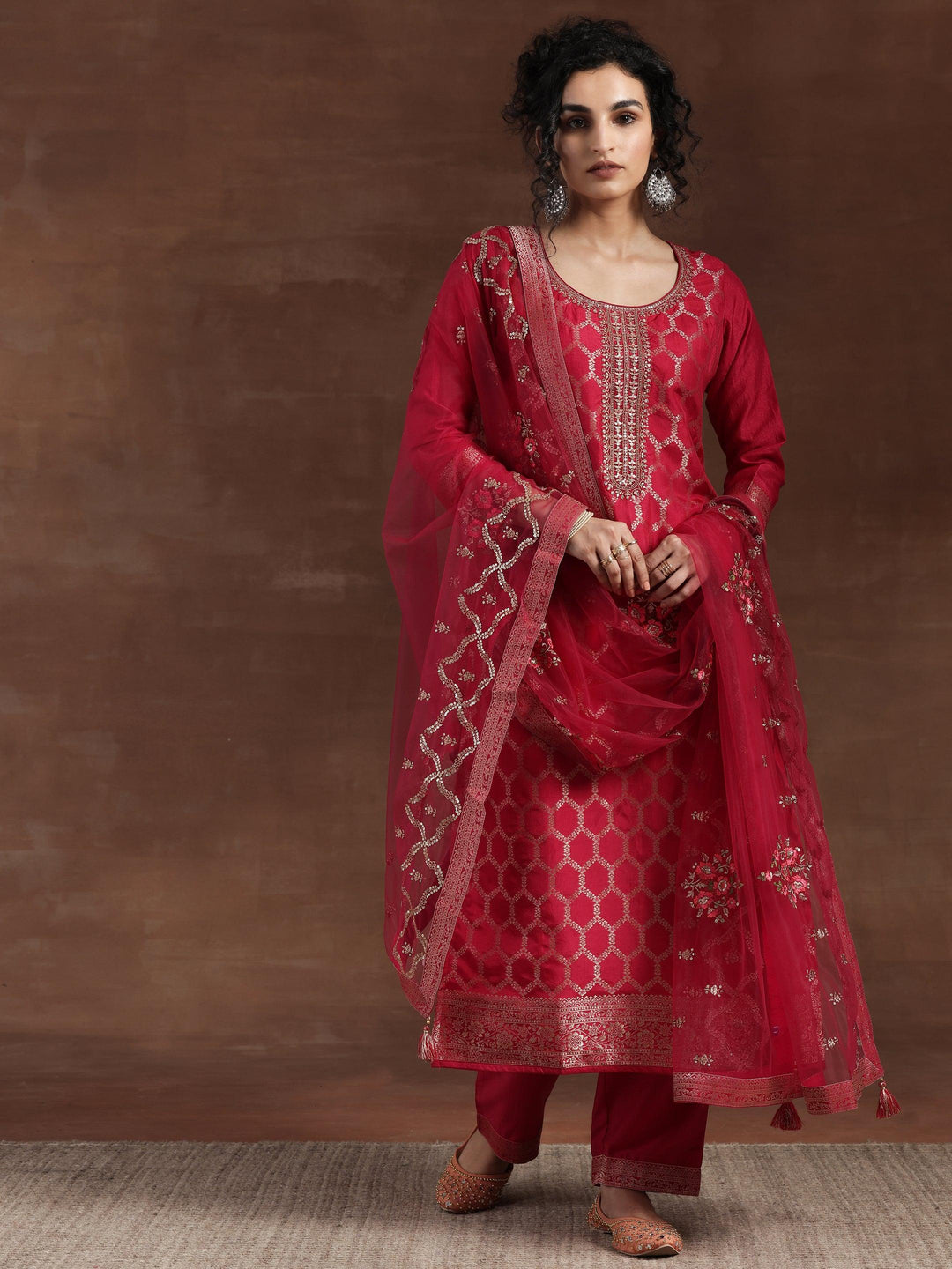 Pink Woven Design Silk Blend Straight Suit With Dupatta - Libas 