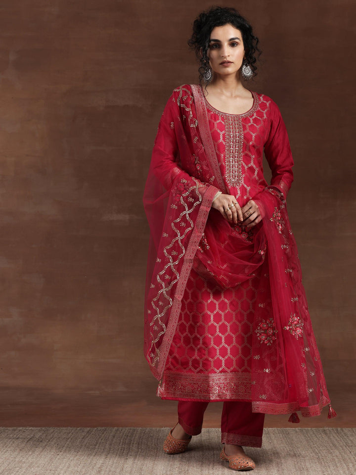 Pink Woven Design Silk Blend Straight Suit With Dupatta - Libas