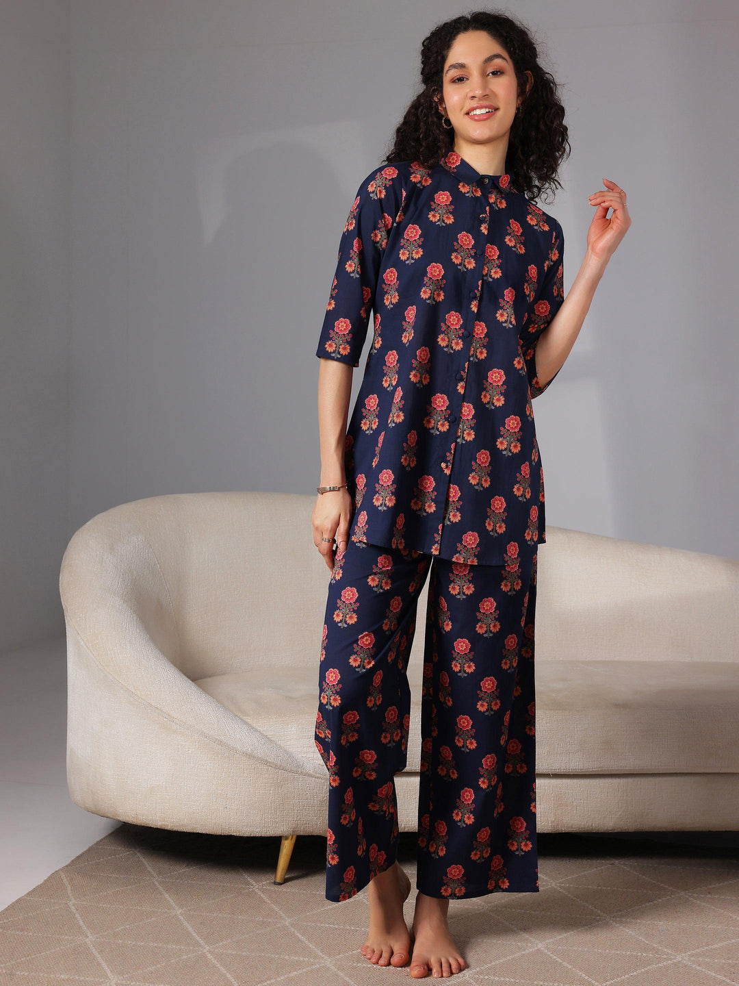 Blue Printed Cotton Night Suits - Libas