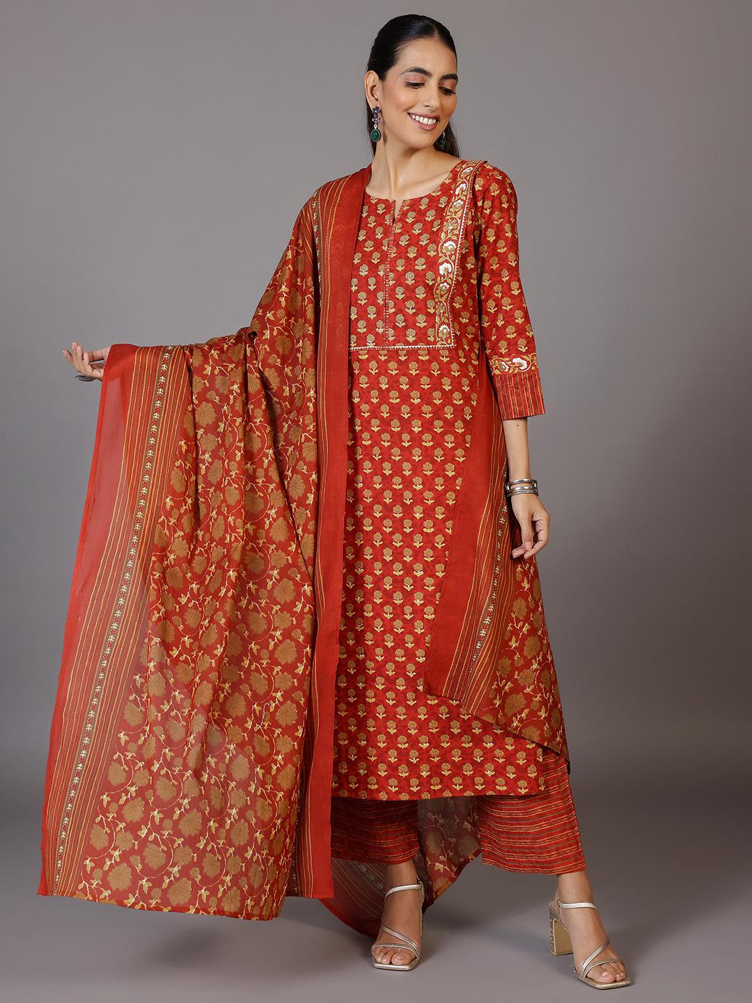 Rust Printed Cotton Straight Suit With Dupatta - Libas