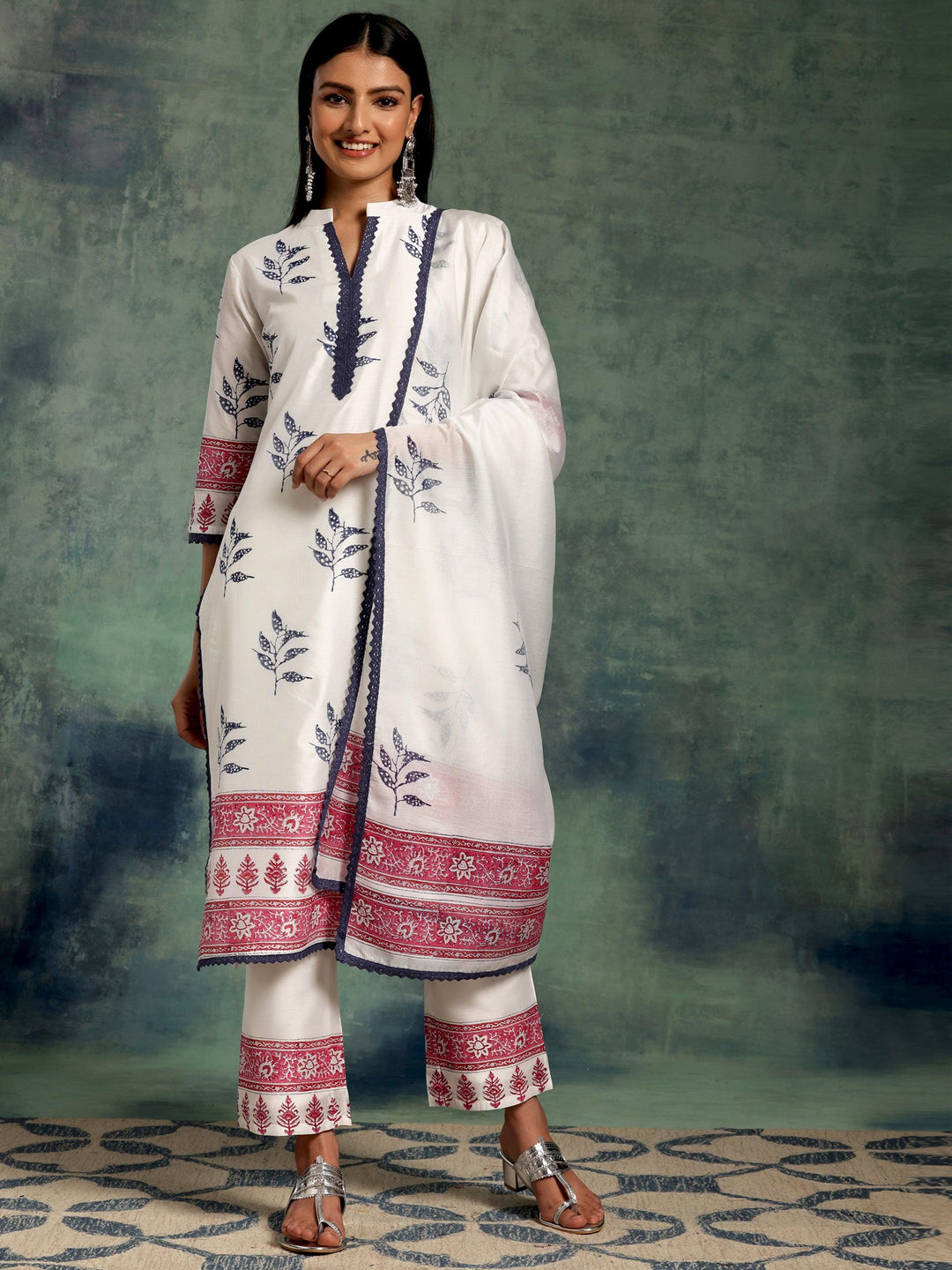 White Printed Chanderi Silk Straight Suit With Dupatta - Libas 