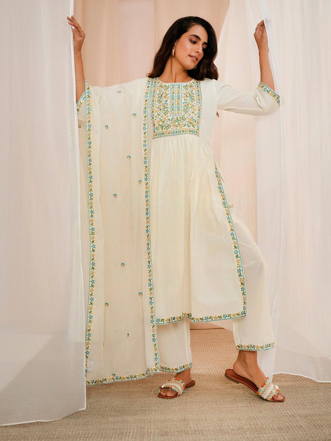 Off White Yoke Design Cotton A-Line Kurta With Palazzos & Dupatta - Libas