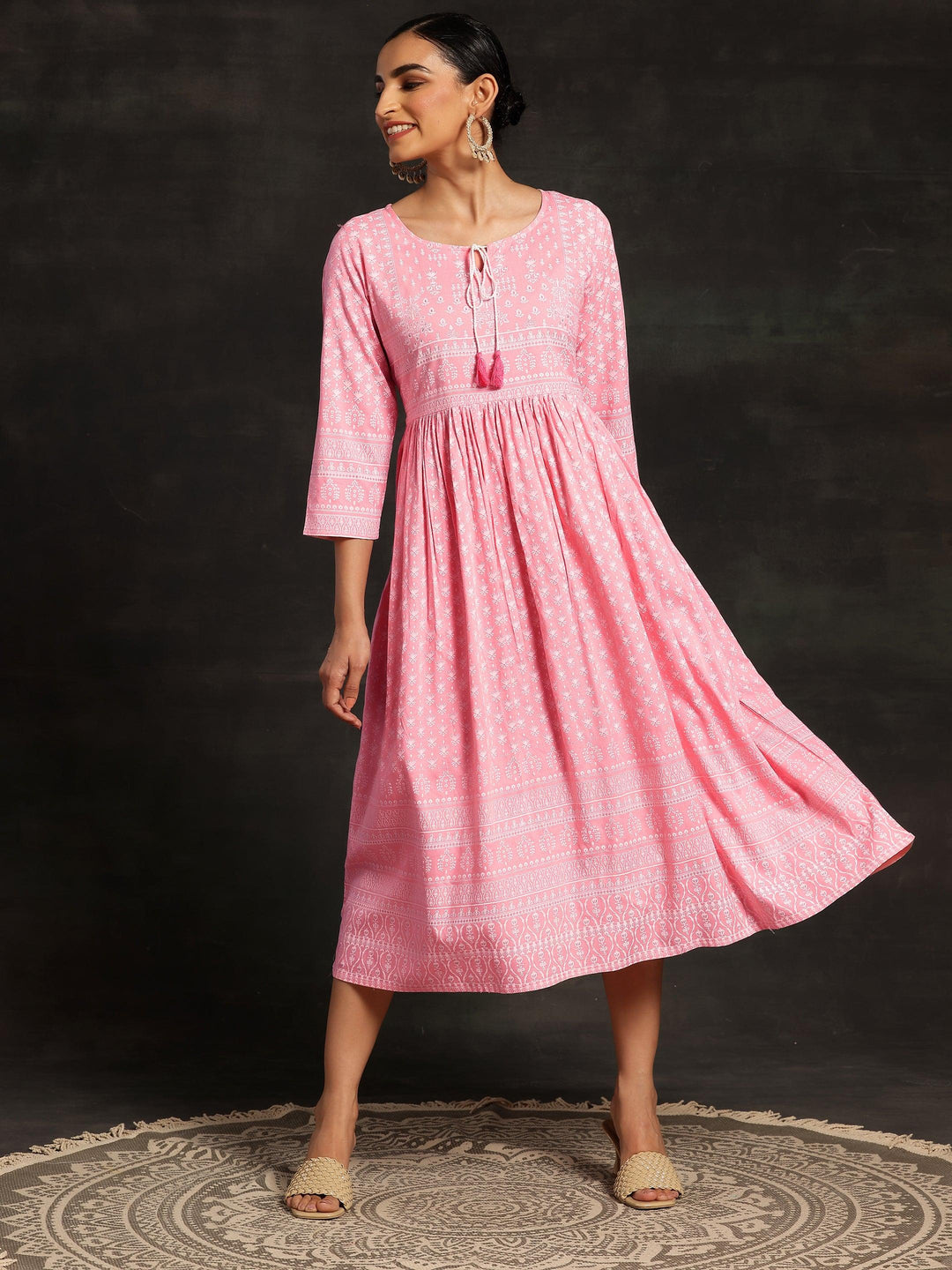 Pink Printed Cotton Fit and Flare Dress - Libas