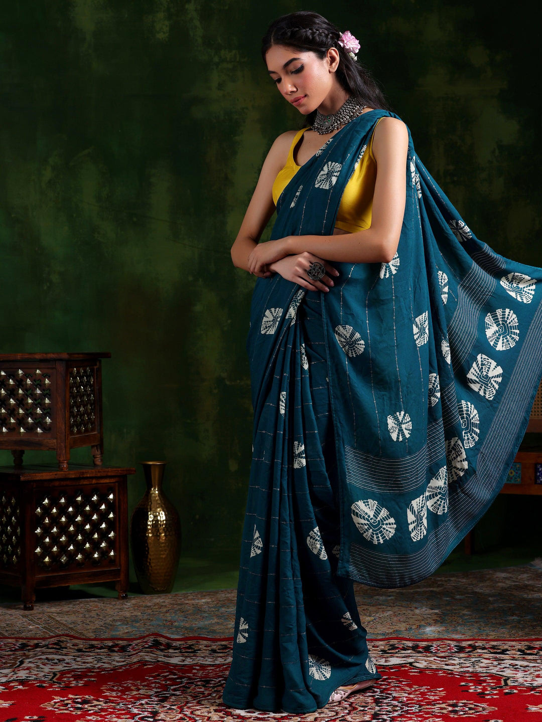 Teal Printed Poly Chiffon Saree With Unstitched Blouse Piece - Libas 