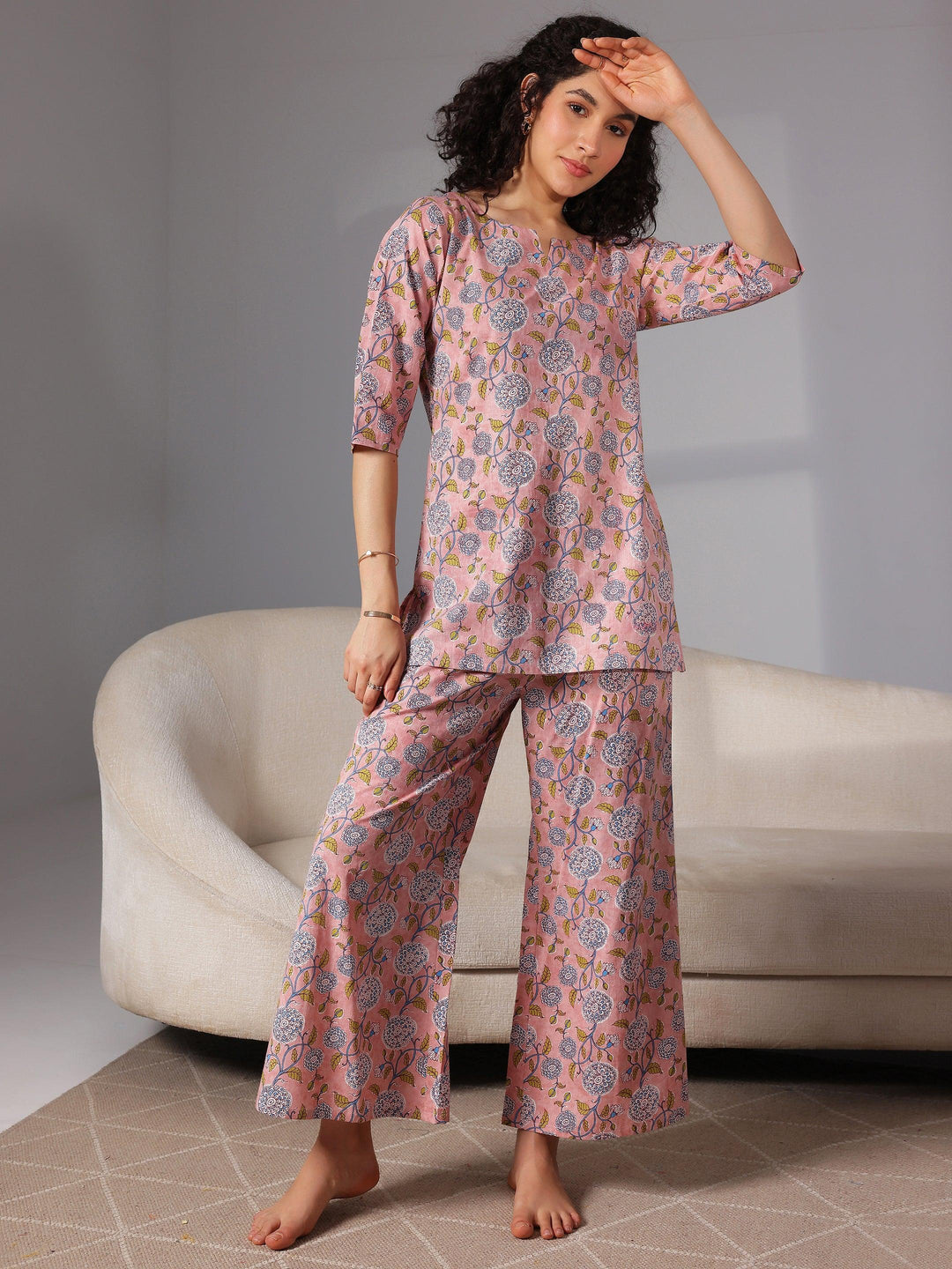 Peach Printed Cotton Night Suits - Libas