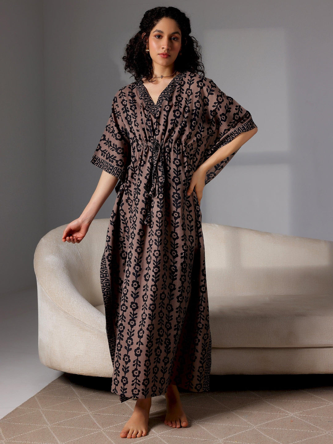 Black Printed Cotton Kaftan Night Dress - Libas 