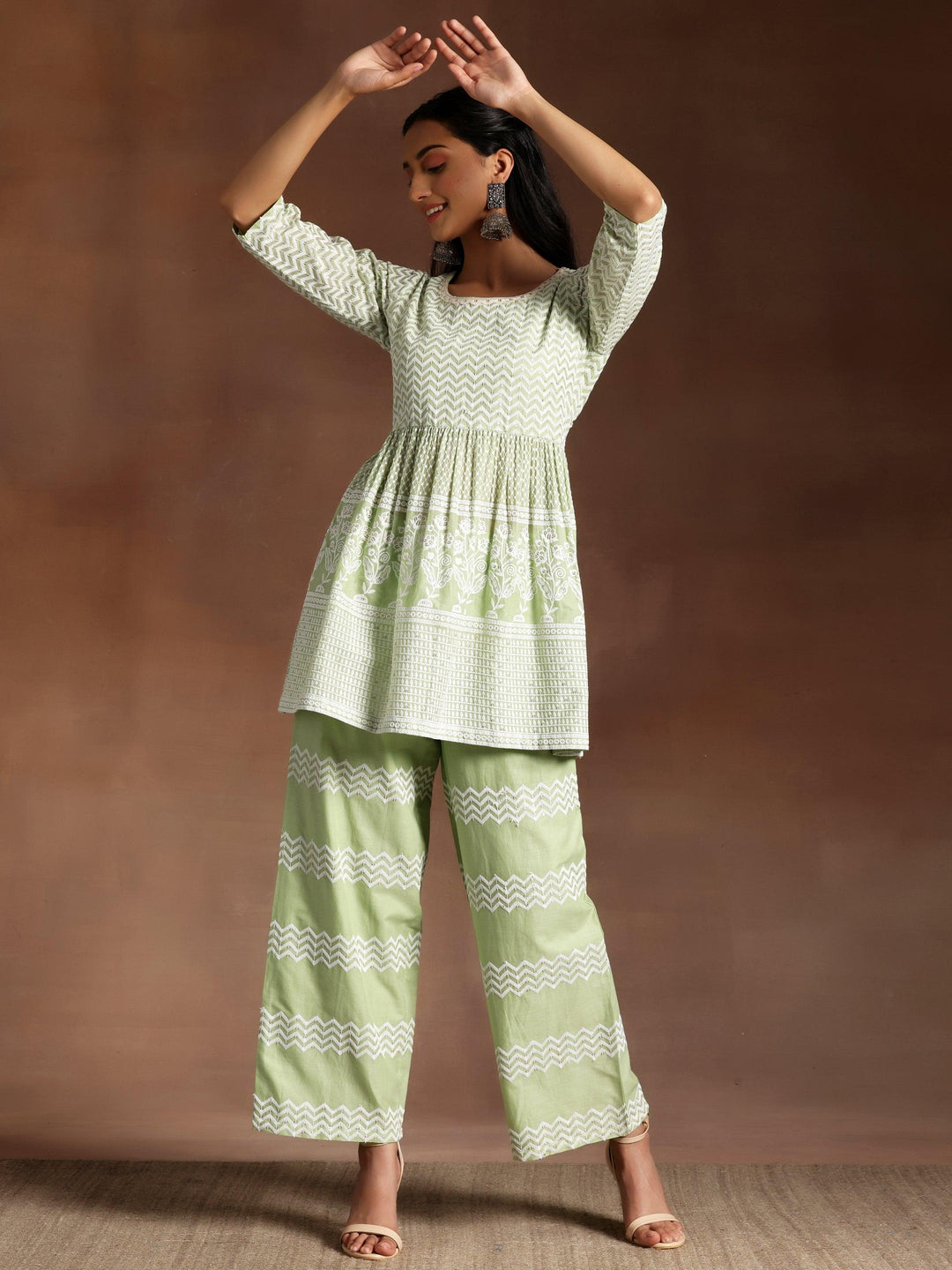 Green Embroidered Cotton Co-Ords - Libas 