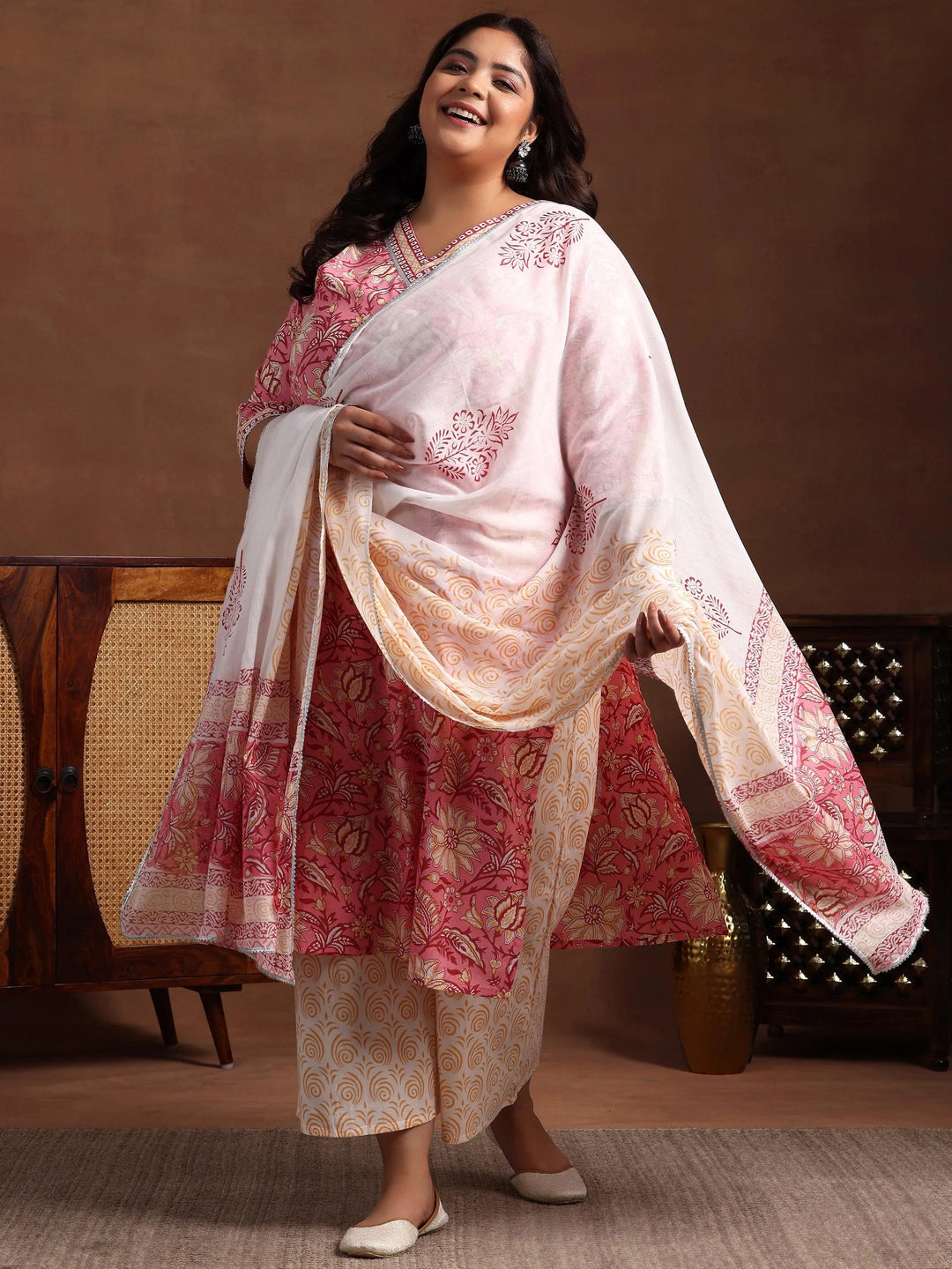 Plus Size Pink Printed Cotton Straight Suit With Dupatta - Libas 