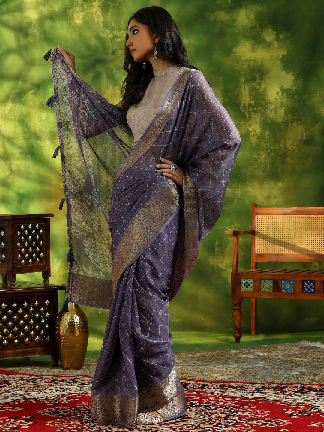 Blue Lilac Printed Silk Blend Saree With Unstitched Blouse Piece - Libas