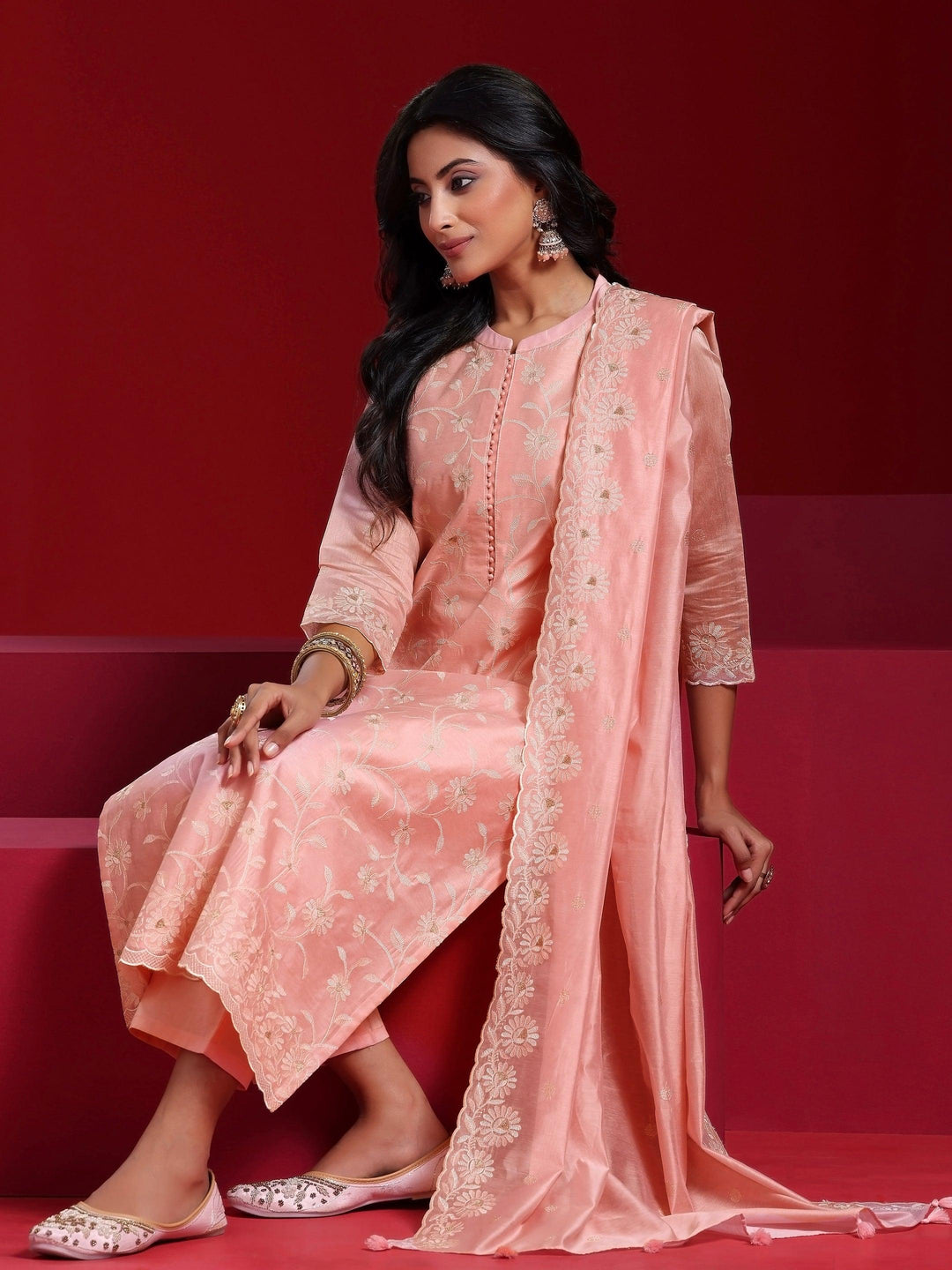 Libas Art Pink Embroidered Chanderi Silk Straight Suit With Dupatta - Libas 