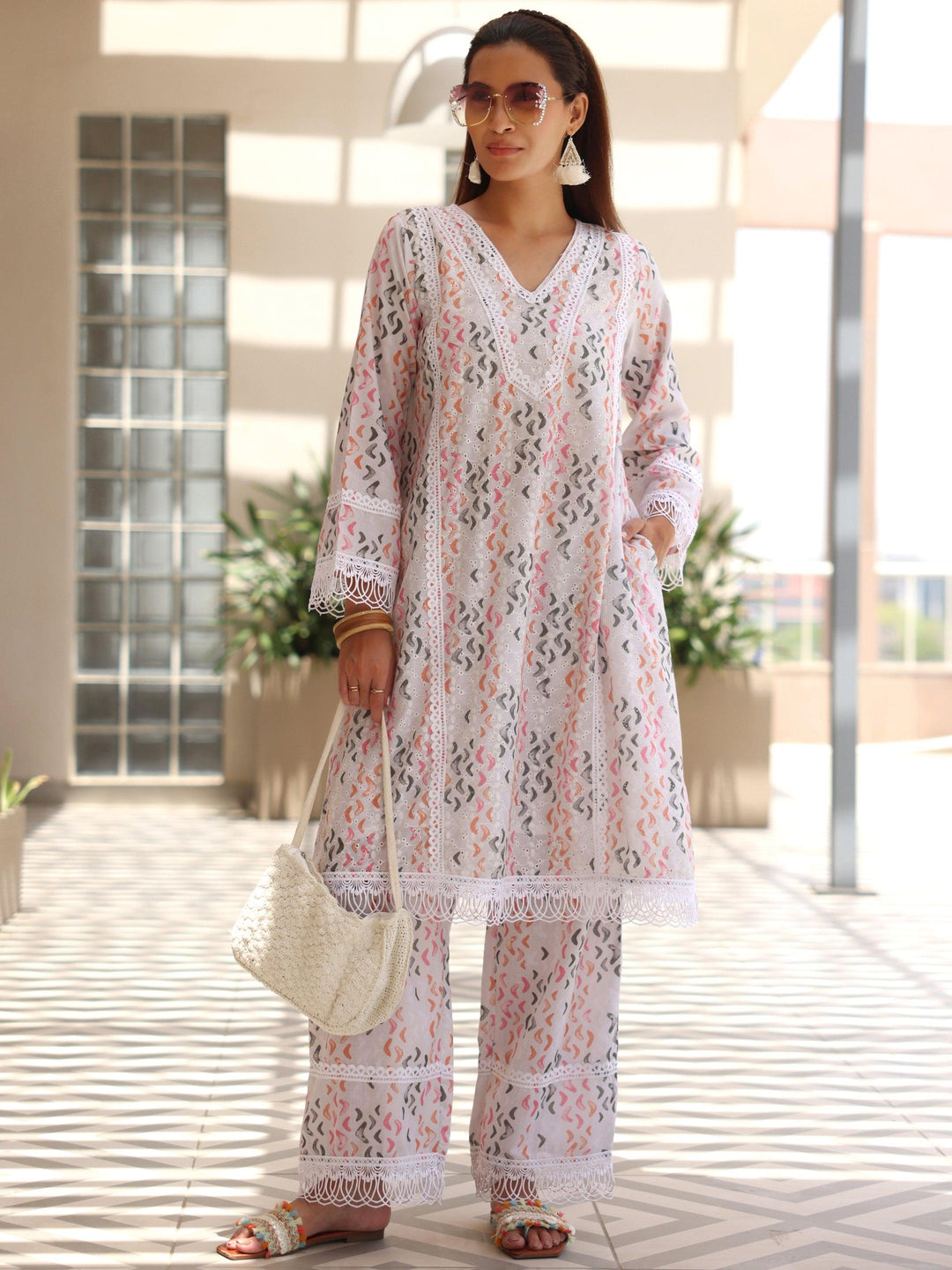 Off white Printed Cotton A-Line Kurta With Palazzos - Libas 