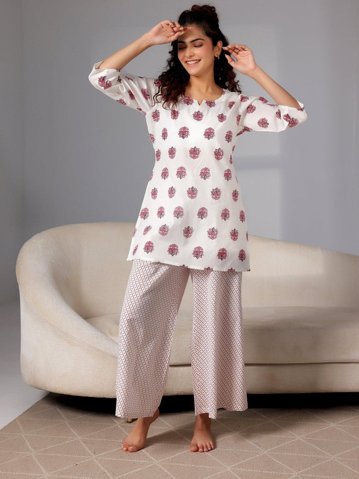 Cream Printed Cotton Night Suits - Libas