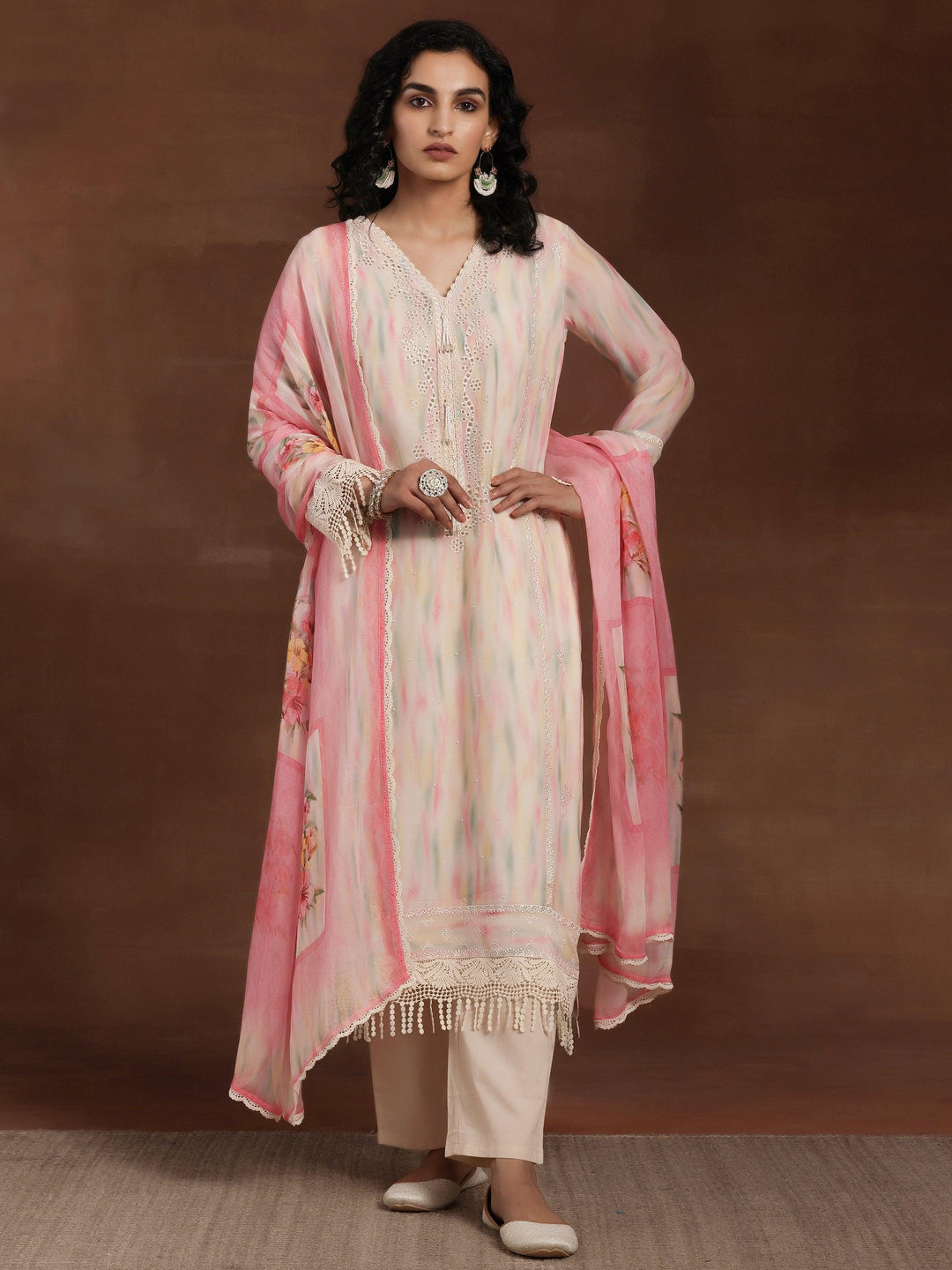 Beige Embroidered Organza Straight Suit With Dupatta - Libas 