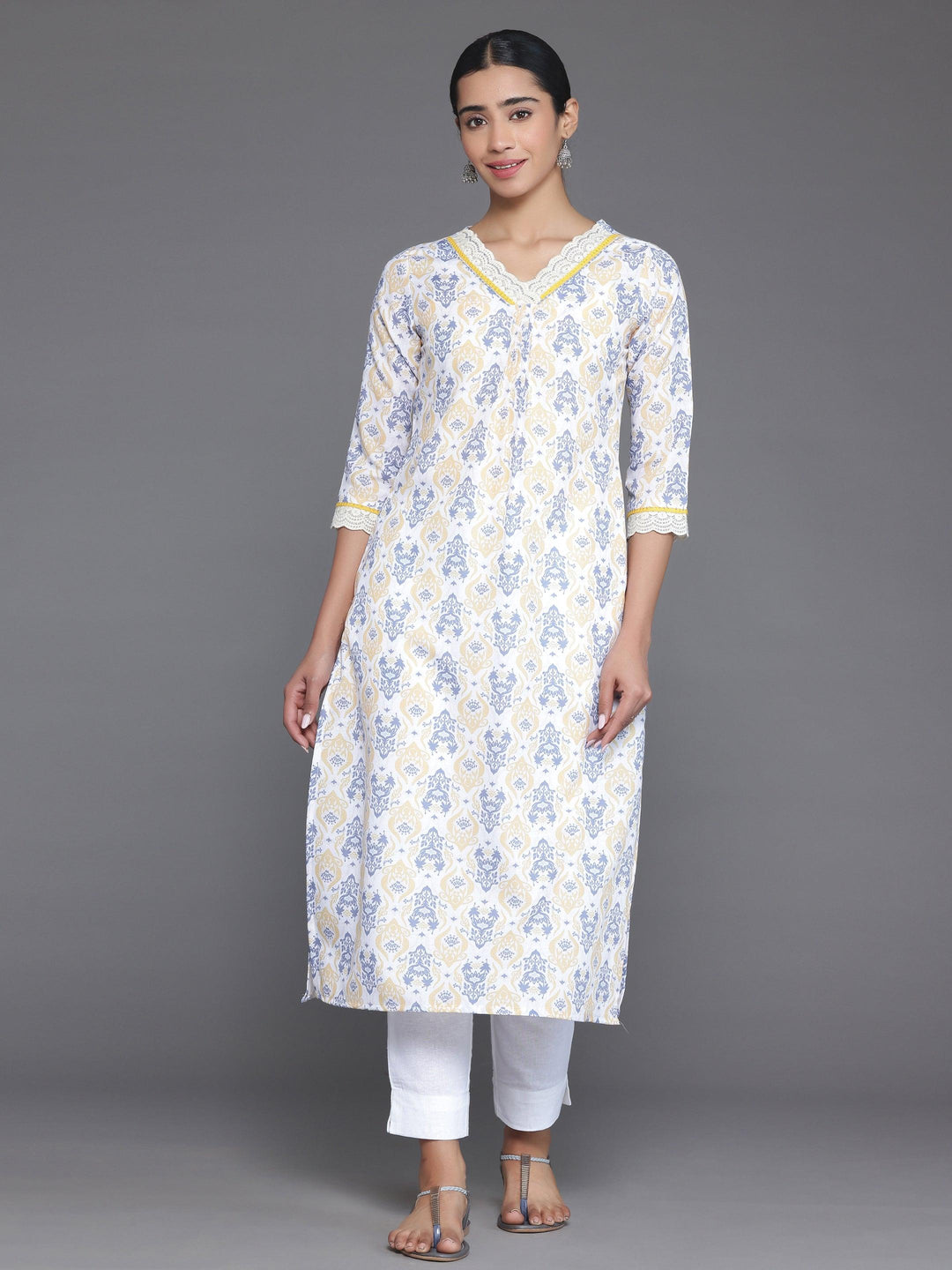 Off White Printed Cotton Straight Kurta - Libas