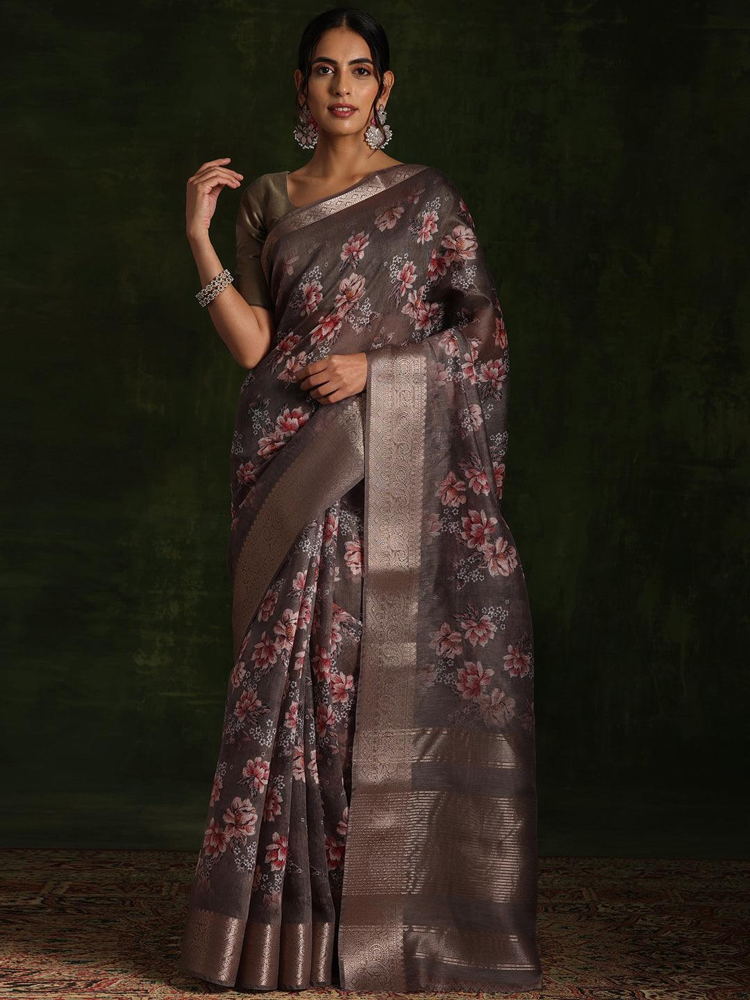 Green Printed Silk Blend Saree With Unstitched Blouse Piece - Libas