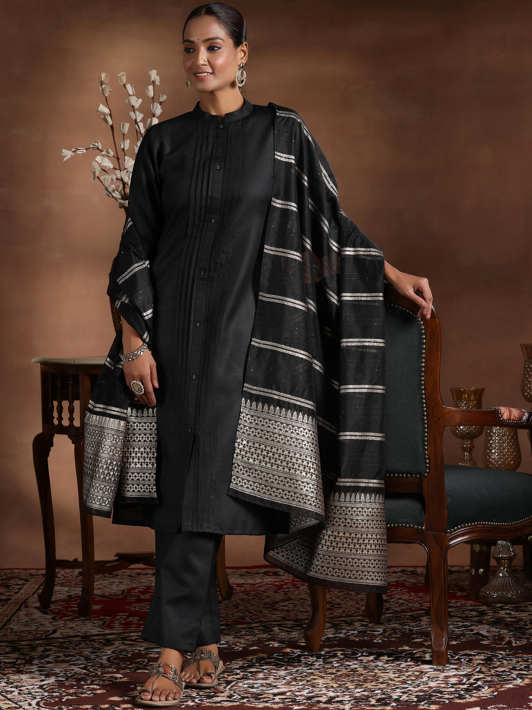 Black Solid Cotton Blend Straight Suit With Dupatta