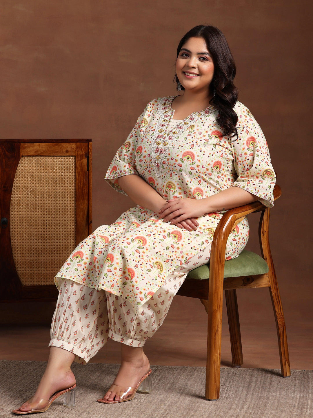 Plus Size Off White Printed Cotton Straight Kurta With Salwar - Libas