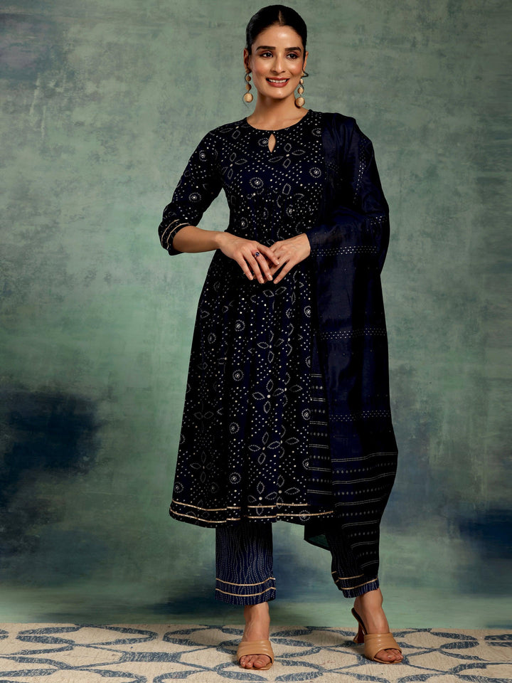 Blue Printed Rayon A-Line Kurta With Palazzos & Dupatta - Libas