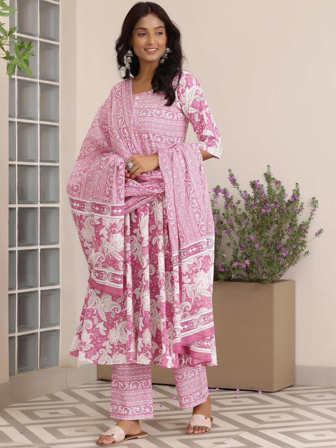  Pink Printed Cotton Anarkali Suit With Dupatta 