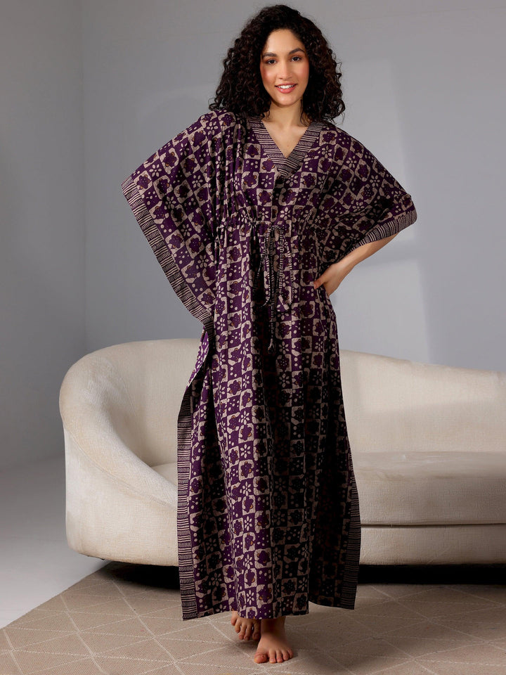 Purple Printed Cotton Kaftan Night Dress - Libas