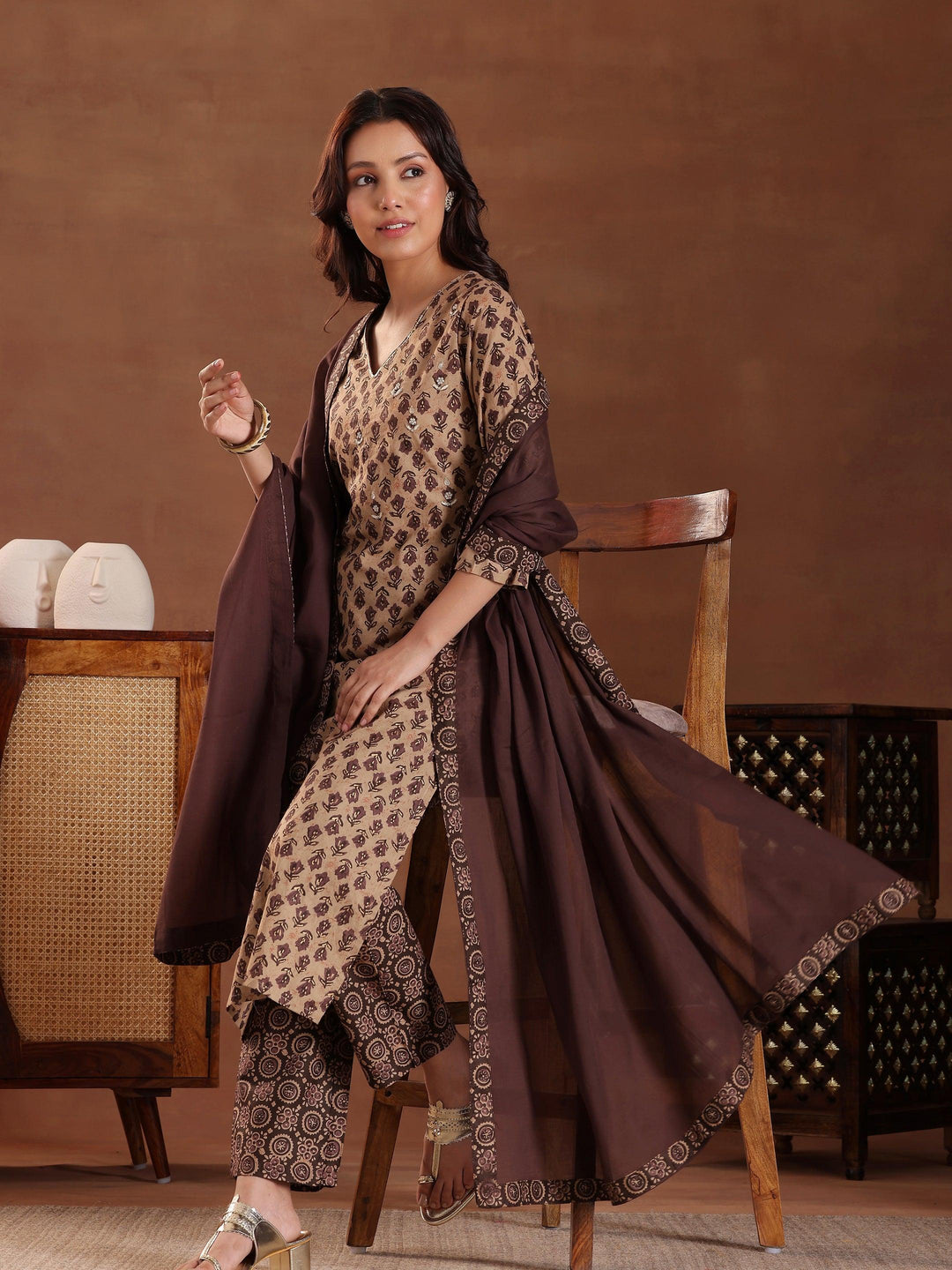 Brown Printed Cotton Straight Suit With Dupatta - Libas 