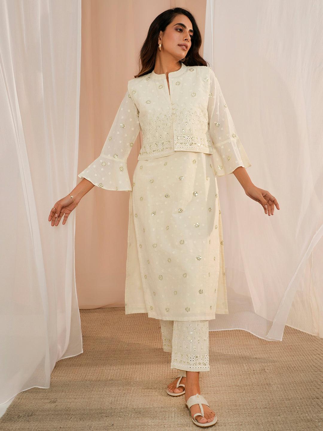 Off White Embroidered Cotton Straight Suit With Dupatta - Libas 