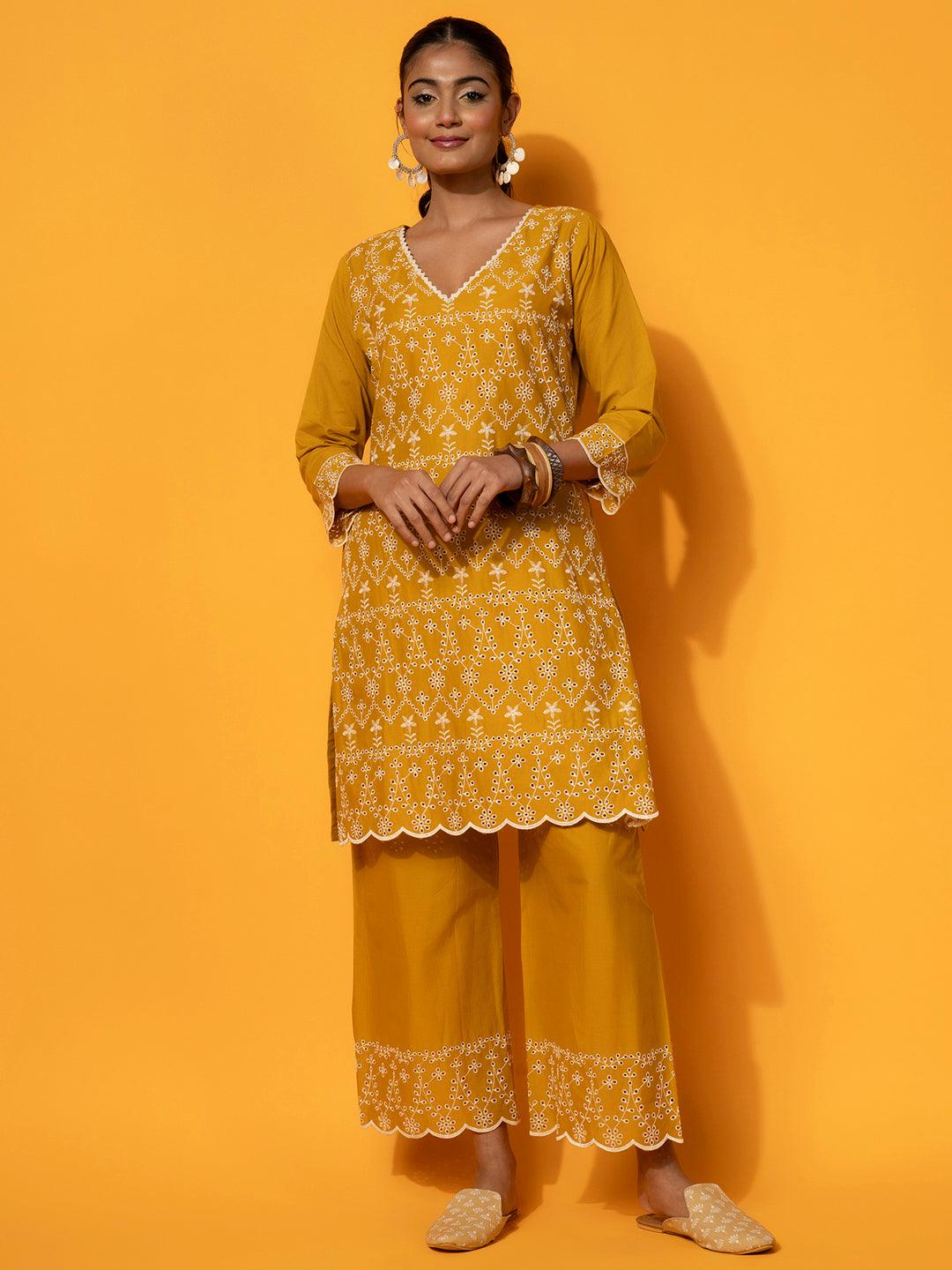 Mustard Embroidered Cotton Co-Ords - Libas 