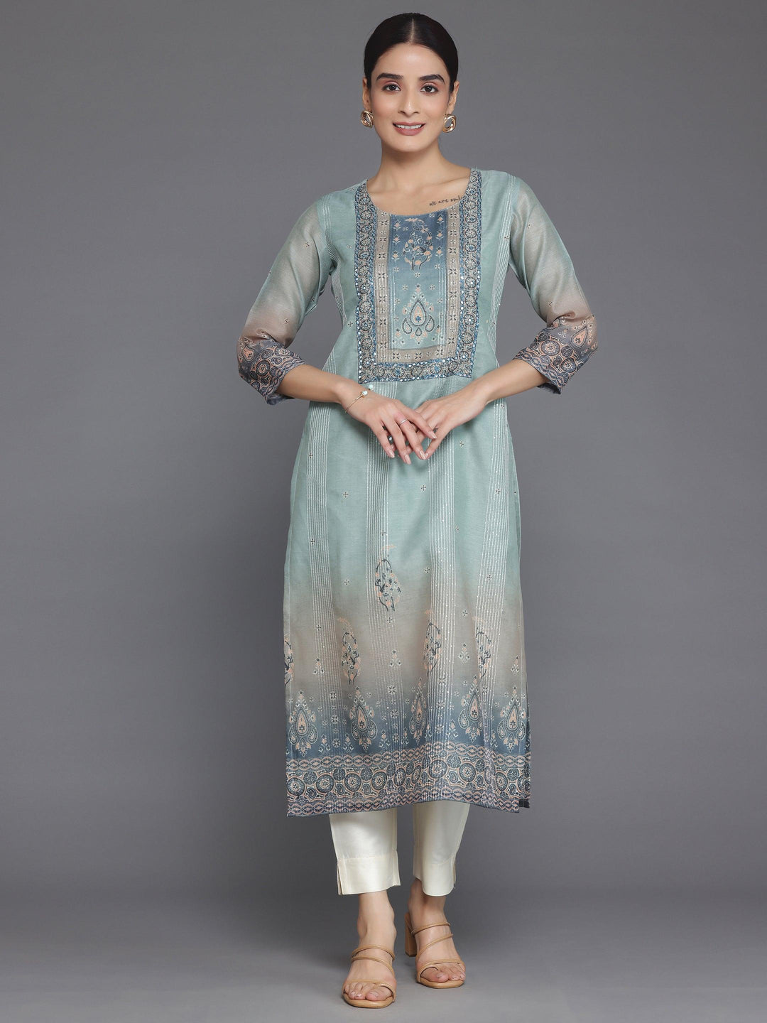 Grey Embellished Chanderi Silk Straight Kurta - Libas 