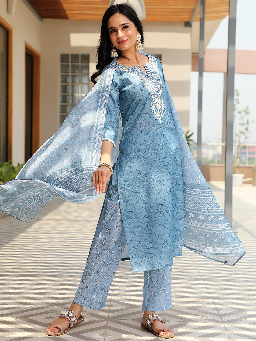 Blue Yoke Design Cotton Straight Suit With Dupatta - Libas 