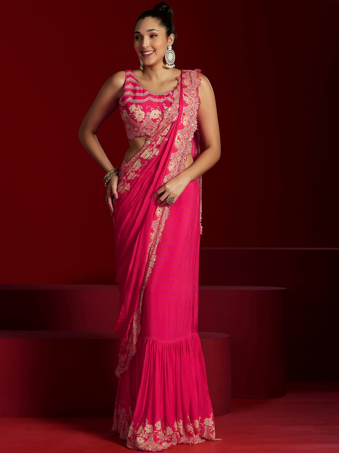  Libas Art Pink Embellished Chinnon Saree 