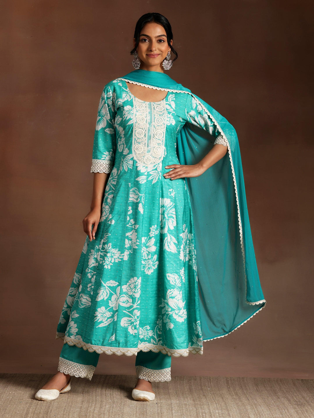 Abidaah Green Printed Silk Blend A-Line Kurta With Trousers & Dupatta - Libas