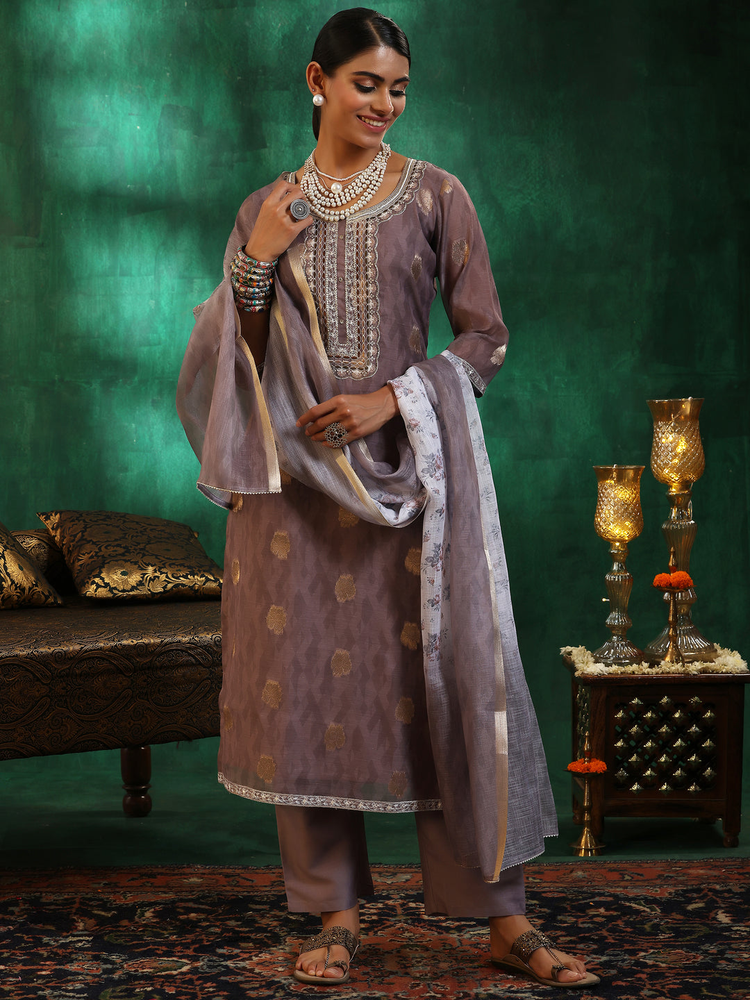 Brown Printed Silk Blend Straight Suit With Dupatta