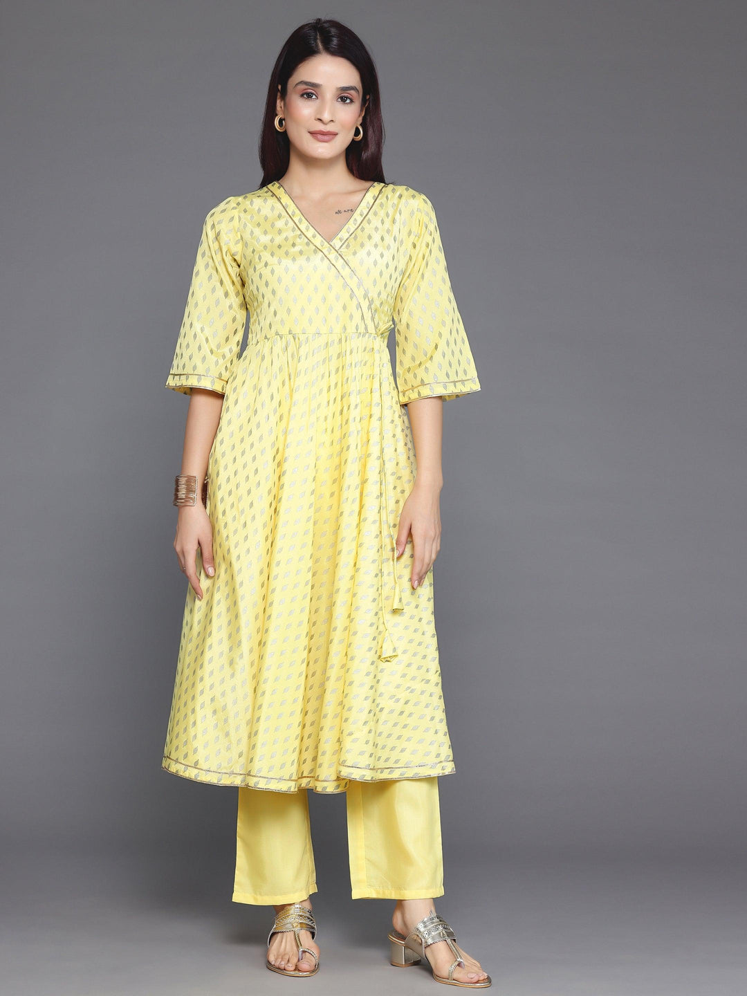 Yellow Printed Silk Blend Anarkali Kurta Set - Libas