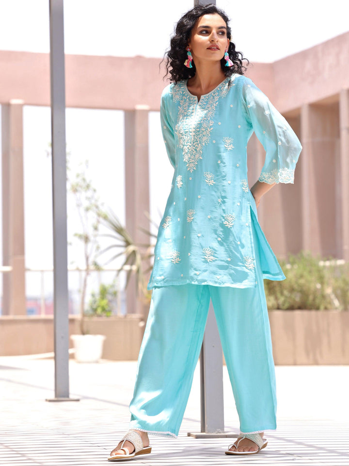 Turquoise Embroidered Silk Blend Co-Ords - Libas