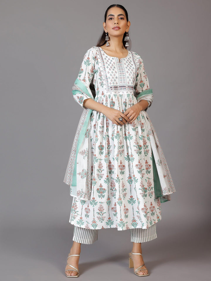 Off White Printed Cotton Anarkali Suit With Dupatta - Libas