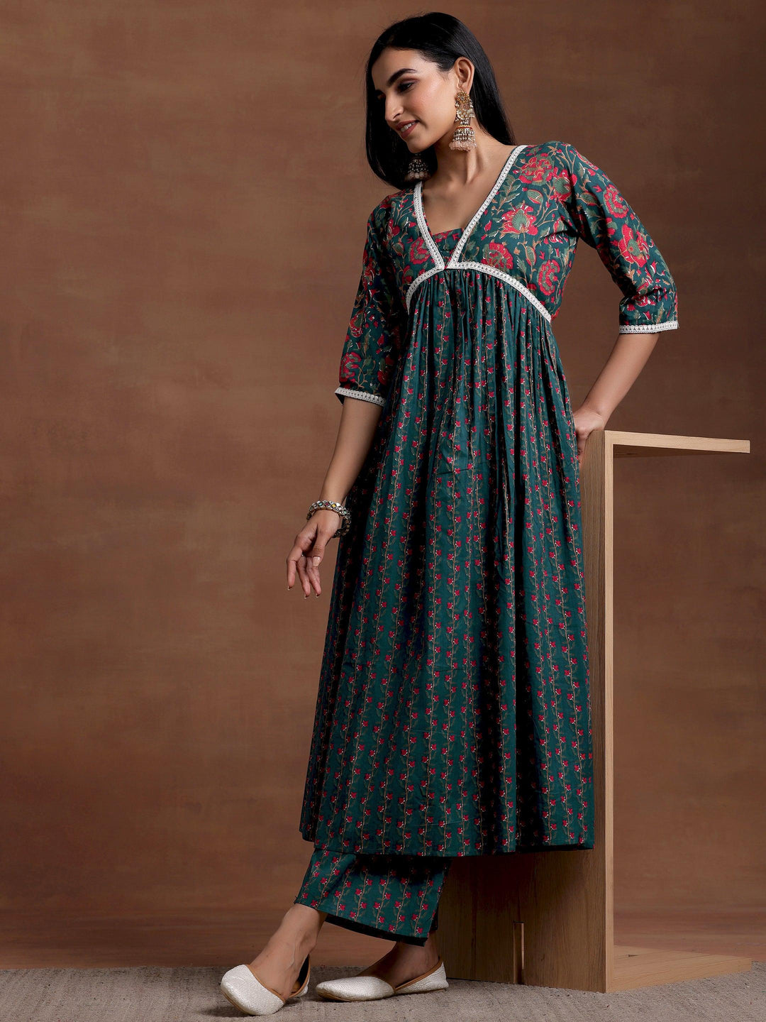 Blue Printed Cotton A-Line Kurta With Palazzos - Libas