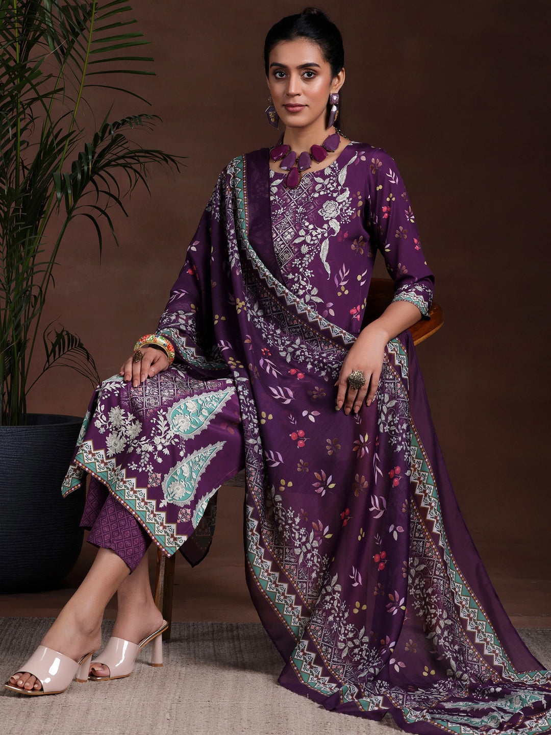 Wine Printed Poly Crepe Straight Suit With Dupatta