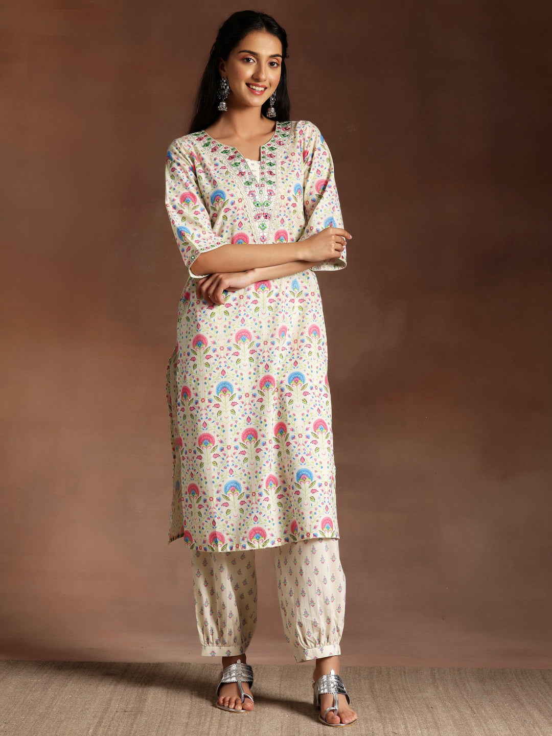 Off White Printed Cotton Straight Kurta Set - Libas 