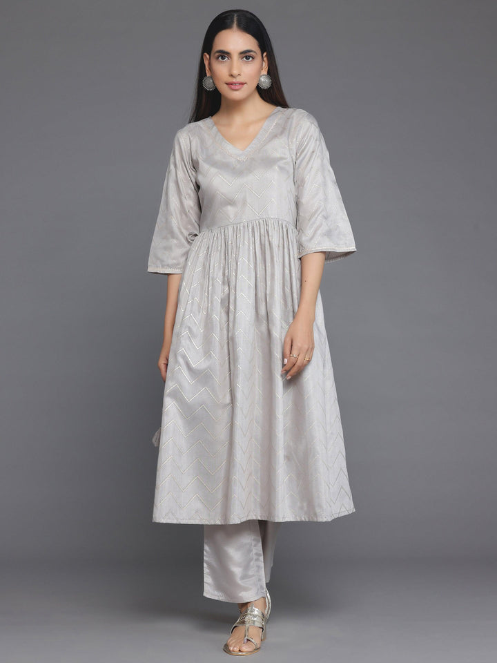 Grey Printed Silk Blend A-Line Kurta With Trousers - Libas